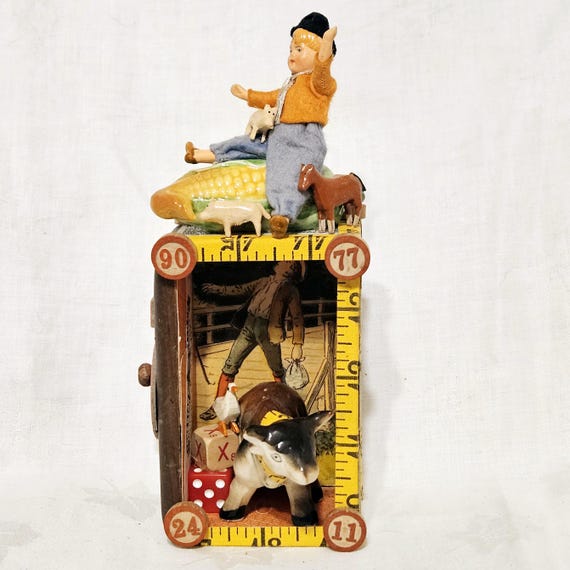 Whimsical Shadowbox Assemblage: Boy Riding Corn with Cow - Unique Small OOAK Art , Titled LEX