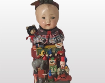 Repurposed Vintage Toy and Doll Head Assemblage,TED ,Whimsical Conversation Piece