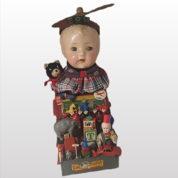 Repurposed Vintage Toy and Doll Head Assemblage,TED ,Whimsical Conversation Piece