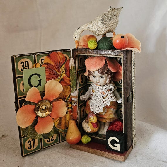GOOSEY GANDER- Small  Whimsical Shadowbox ,Charming And Colorful,Doll,Goose,Flowers,Victorian Ephemera