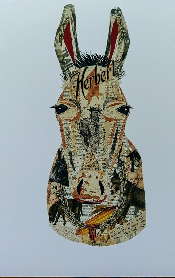 HERBERT The Donkey Collage ,Paper Painting  Giclee' Print Original Created With Antique Southwest US Maps,Old Papers,Ephemera