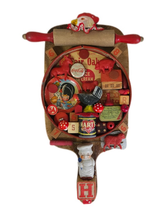 Found Object Wall Assemblage,Red,Kitchen Art,Chef Gift
