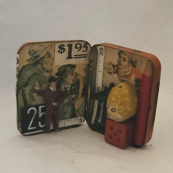 Whimsical Mini Shadowbox in Vintage Medicine Tin, Eclectic “The Housewife And The Salesman” Assemblage, Creative Gift for Art Lovers