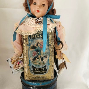 Altered Doll Assemblage,DIANA,Candy Tins,Feminine, Antique Appeal