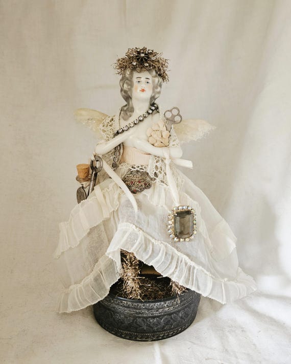 Doll and Metal Assemblage ,The FLYAWAY QUEEN,Romantic ,Shabby,Ooak,Mica ,Tinsel Adorned