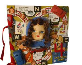 Vintage Travel Art , Nostalgic Travel Decor, Recycled Toys, Colorful Childhood Piece