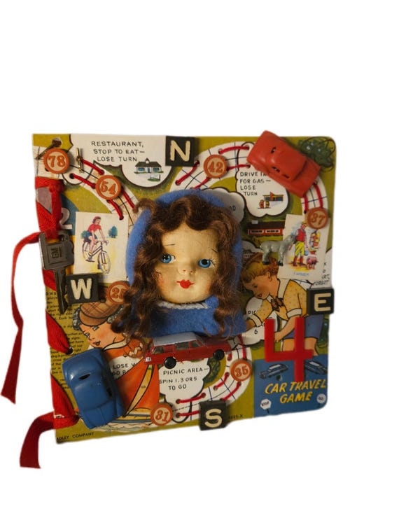 Vintage Travel Art , Nostalgic Travel Decor, Recycled Toys, Colorful Childhood Piece