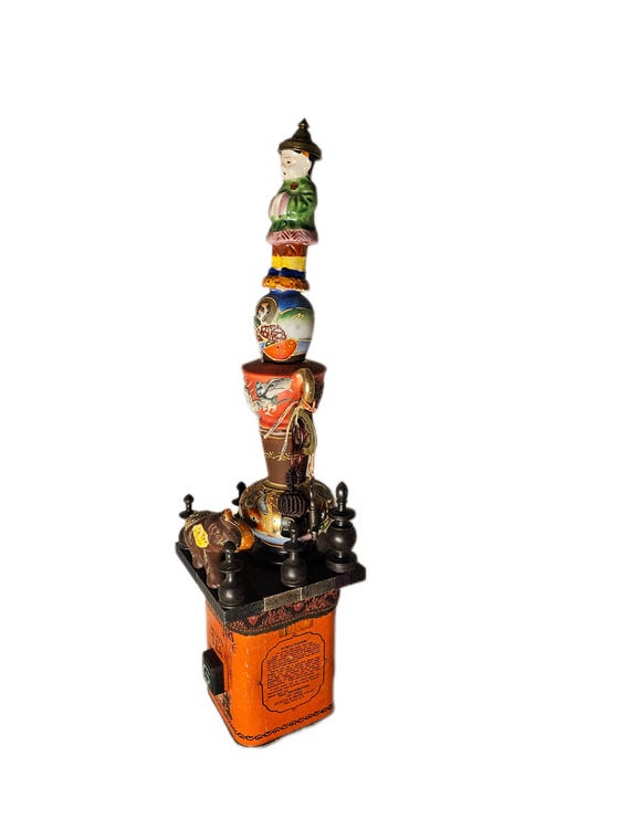 GRANDMAS TEA~ An Asian Inspired Whimsical Assemblage Tower Sculpture