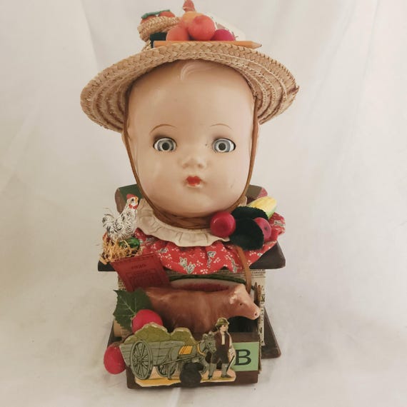 BLUE ~ Adorable Doll Head Assemblage, Farming,Animals,Whimsical Conversation Piece, All Vintage Repurposed