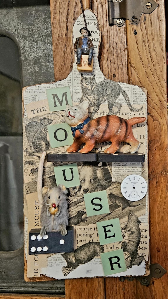 MOUSER- Cat,Mouse,Mixed Media Hanging Assemblage, OOAK,Whimsical,Antique Illustrations