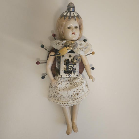 Steampunk ,Whimsical Hanging Doll And Clockwork  Assemblage,  Her Name Is Sonia