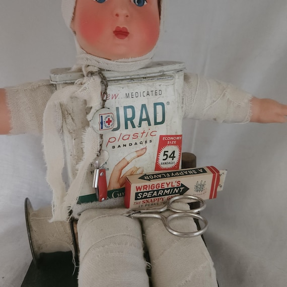 Mummy Boy Assemblage ,Quirky Medical,First Aid Whimsical One of A Kind Altered Doll