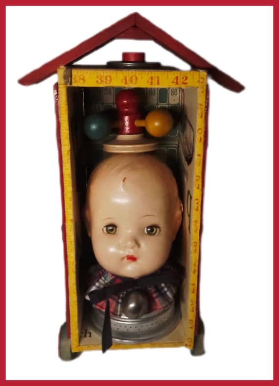 Whimsical Doll Head Assemblage,Childhood Nostalgia,ABC Look At Me,Colorful