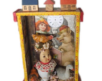 Assemblage Story Box | Farming Art with Chickens, Goose, Houses & Doll Head | Rustic Folk Shadowbox