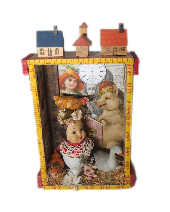 Assemblage Story Box | Farming Art with Chickens, Goose, Houses & Doll Head | Rustic Folk Shadowbox
