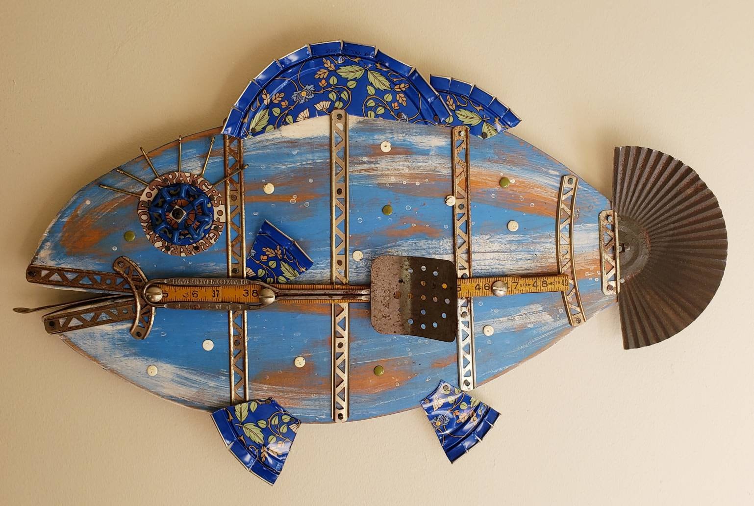 FUN Fish Assemblage,Whimsical Polka Dotted ,Reclaimed Wood, Tin Art