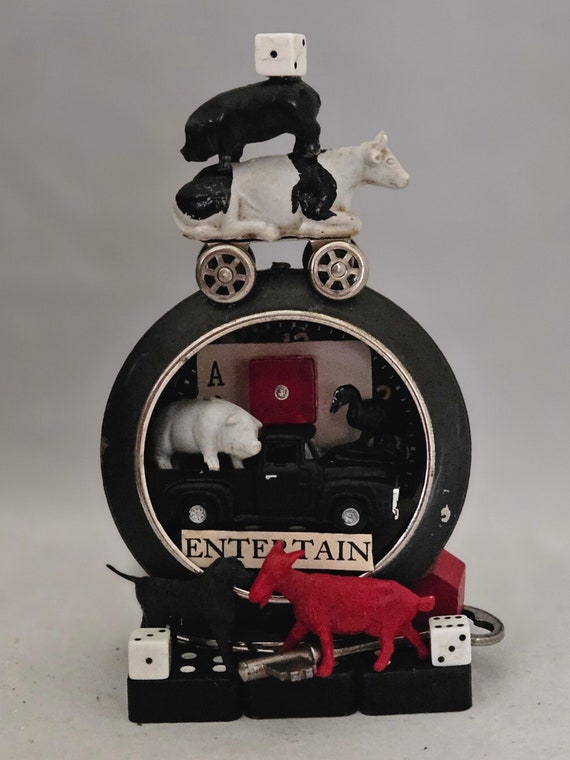 ENTERTAIN- Alarm Clock Assemblage  Farm Animals, Whimsical Found Object Art