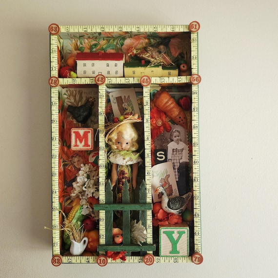 IN the GARDEN,Vintage Flower and Vegetable Shadowbox Assemblage, Charming Corn Girl,Chickens, Goose ,Houses,Unique Gardener Gift