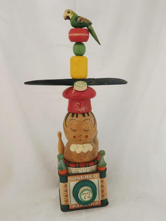 PEPPY - Whimsical Totem Assemblage,Found Wooden Objects,Colorful and Kitschy Sculpture