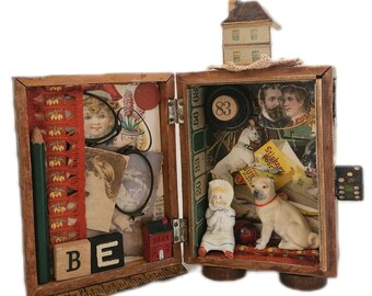 Mixed Media Assemblage Shadowbox, Be At Home,Victorian Antique Inspired