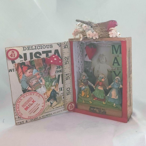 Assemblage Art Cigar Box ,Nostalgic Antique Lovers Style,MAY  DAY, Ephemera, Millenary Flowers,Trims And More,Handmade One-of-a-kind