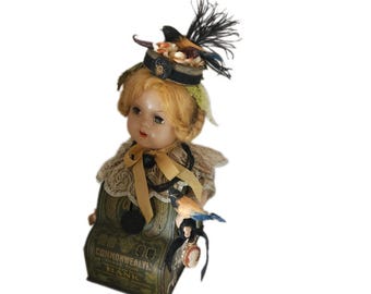 Altered Antique Doll Assemblage on Art Nouveau Metal Bank, Victorian Whimsical Mixed Media Sculpture