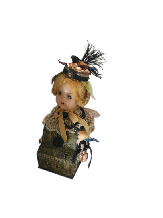 Altered Antique Doll Assemblage on Art Nouveau Metal Bank, Victorian Whimsical Mixed Media Sculpture