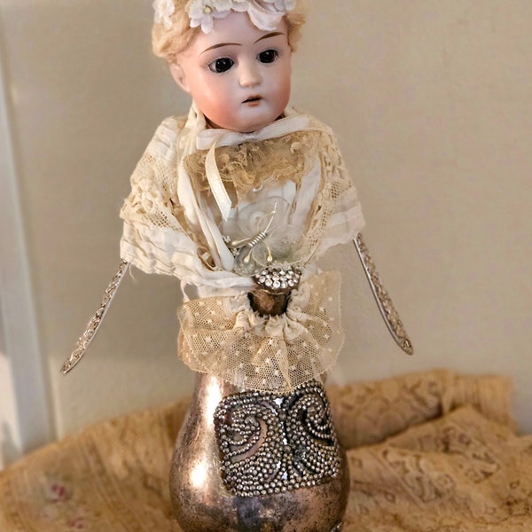 Assemblage Altered Doll Art,Antique Bisque Head Repurposed Teapot ,TARNISHED QUEEN ,Whimsical,Shabby