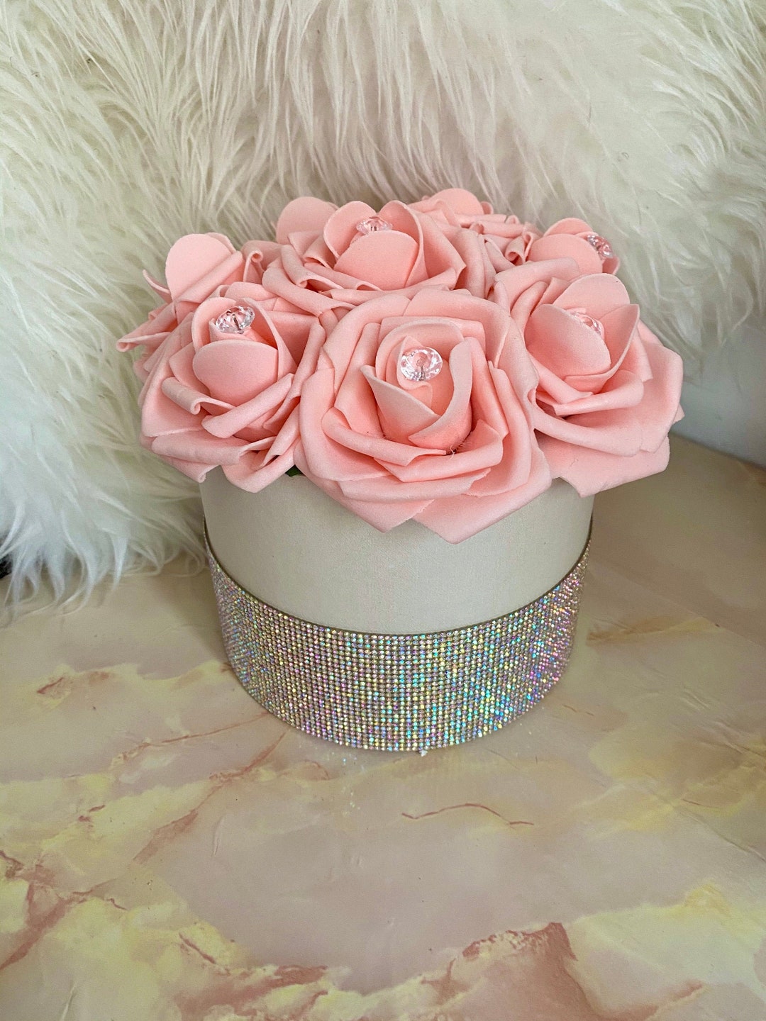 Luxury Romantic Pink Roses Hat Box, Diamanté Flower Box Home Decor