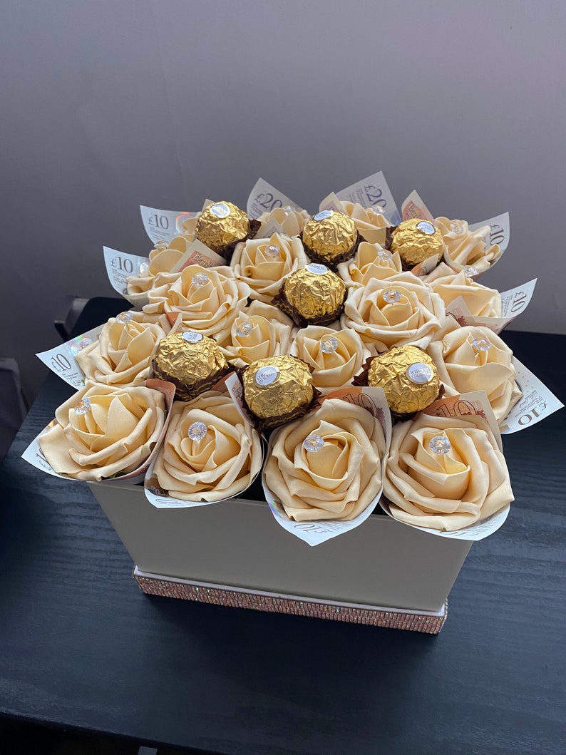 Luxury Money Bouquet Gold Roses Flower Box Ferrero Rocher Etsy