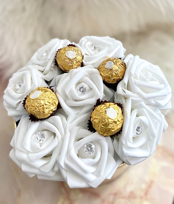 Luxury White Roses With Ferrero Rocher in a Hat Box Flower Box