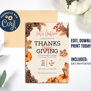 Thanksgiving Dinner Invite, Friendsgiving, Potluck, Autumn Digital Download, Printable Invitation, Editable Invitation, Instant Download