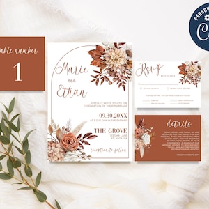 Boho Wedding Invitation Set, Printable Arch Wedding Invitation Template, Terracotta, Rust, Editable Invitation, RSVP, Details, Table Number