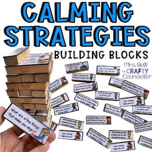 Puede incluir: Un conjunto de bloques de madera coloridos con texto sobre estrategias para calmarse. Los bloques están apilados en una torre y algunos están dispersos alrededor. El texto en los bloques incluye preguntas sobre qué hace que la gente se enoje y cómo calmarse. El texto "Estrategias para calmarse Bloques de construcción" está en la parte superior de la imagen.