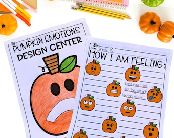 May include: A printable worksheet with a pumpkin design and the text "How I am Feeling:" with a variety of pumpkin faces showing different emotions. The worksheet is designed for children to express their feelings.