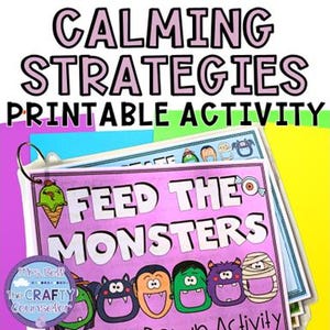 Pode incluir: Uma atividade imprimível para estratégias de acalmar, com uma folha rosa com o texto "Alimente os monstros" e ilustrações de monstros coloridos. A atividade é projetada para crianças e inclui uma variedade de técnicas de acalmar.