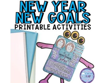 Puede incluir: Una colorida hoja de actividades imprimible con el texto "NEW YEAR NEW GOALS PRINTABLE ACTIVITIES". La hoja presenta un personaje de dibujos animados con un diseño "BEST EVER 2023" y un cuaderno.