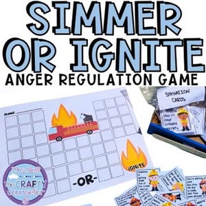Może przedstawiać: Niebieska i biała plansza do gry z tytułem "Simmer or Ignite Anger Regulation Game". Plansza ma siatkę z kwadratami i ilustrację wozu strażackiego. Są też karty z tytułem "Situation Cards" i ilustracją strażaka.