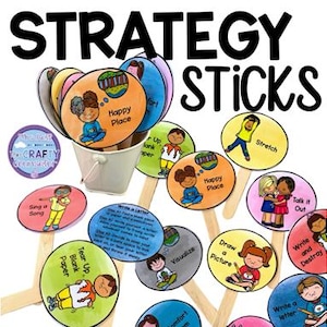 Peut inclure: Un ensemble de bâtonnets de stratégie illustrés et colorés avec des phrases comme "Chante une chanson", "Déchire du papier vierge", "Visualise", "Écris une lettre", "Dessine un dessin", "Parle-en", "Étire-toi" et "Un endroit heureux".