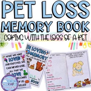 Puede incluir: Un libro de memoria para la pérdida de una mascota imprimible con ilustraciones coloridas y sugerencias para ayudar a los niños a lidiar con la pérdida de una mascota. El libro incluye secciones para recordar el nombre de la mascota, la raza, las cosas favoritas y más. La portada presenta el texto "Pet Loss Memory Book: Coping with the Loss of a Pet".