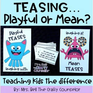 Könnte beinhalten: Eine druckbare Lernhilfe für Kinder, um etwas über Hänseln zu lernen. Die Ressource enthält zwei farbige Karten mit Comic-Monstern. Eine Karte sagt "Playful Teases" und die andere sagt "Mean Teases".