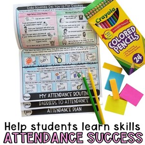 Puede incluir: Una hoja de trabajo colorida con el t&iacute;tulo "Solid Routines Set You Up For Success" y una secci&oacute;n titulada "My Attendance Routine". La hoja de trabajo incluye una lista de verificaci&oacute;n de las rutinas de la ma&ntilde;ana y la noche para la asistencia a la escuela. Tambi&eacute;n hay varias notas adhesivas de colores y una caja de l&aacute;pices de colores Crayola.