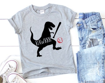 Boys Dinosaur Baseball T-Shirt - Rawrrr - Boys Dinosaur Shirts - Boys Baseball Shirts - Dino Tees - Youth Baseball Shirts - Kids Dinosaur