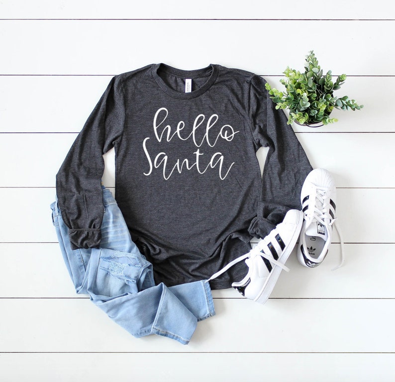 Hello Santa Christmas Long Sleeve T-shirt Cute Christmas Shirts Santa Shirt Custom Christmas T-shirts Christmas Shirts for Women image 1