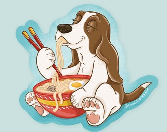 Basset Hound Ramen Sticker: Dog with Noodles Vinyl Decal