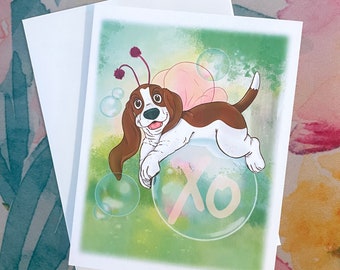 Basset Hound Fairy Bubble Greeting Card, Linen Paper