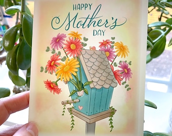 Floral Birdhouse Mother's Day Card: Gerbera Daisy Bouquet