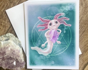 Axolotl Amethyst Greeting Card, Pet & Crystal Lover Gift