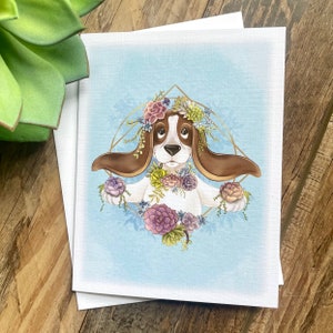 Basset Hound wenskaart, sappige wenskaart, hond wenskaart, schattige hond kaarten, kaarten voor hondenliefhebbers, kaarten voor plantenliefhebbers