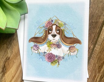 Basset Hound Succulent Greeting Card: Floral Dog Lover Card